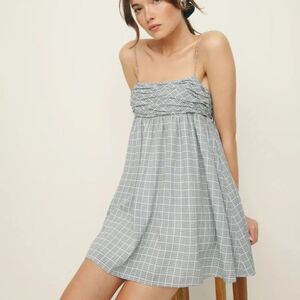 Reformation Catarina Babydoll Empire Waist Mini Dress Vintage Blue Check Plaid 0